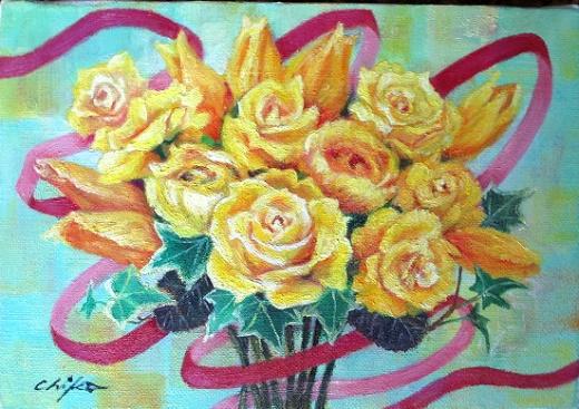 黄色いバラとリボン　横