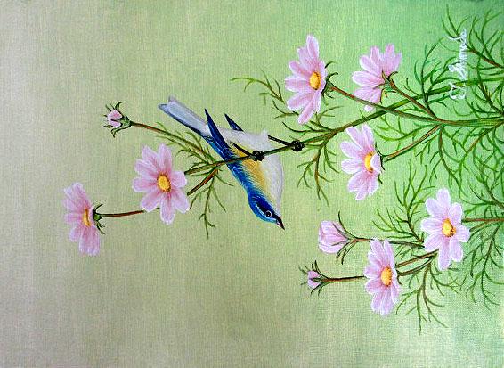 コスモスにルリビタキ